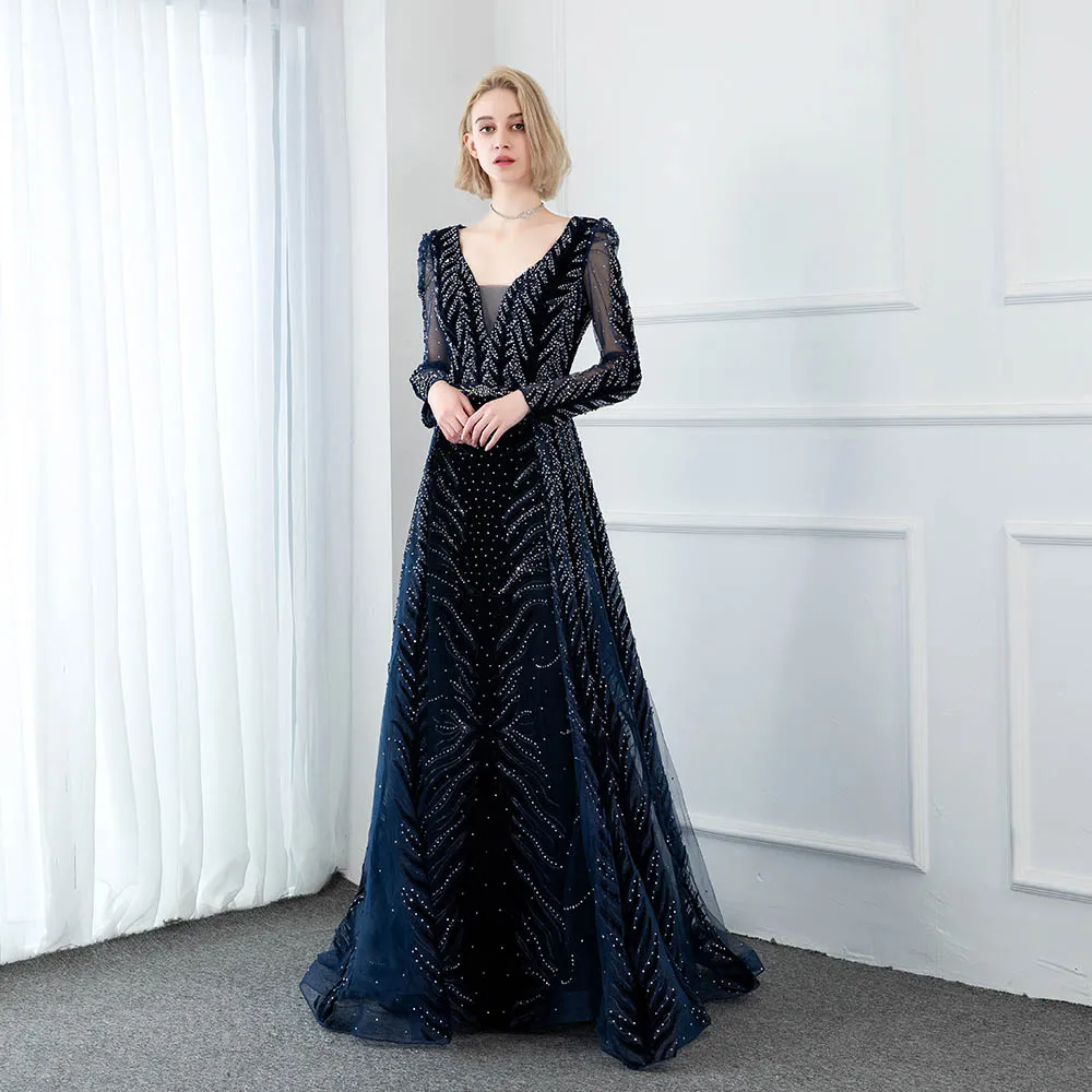 Вечерние платья с длинным рукавом из темно синего бархата в Дубае элегантные