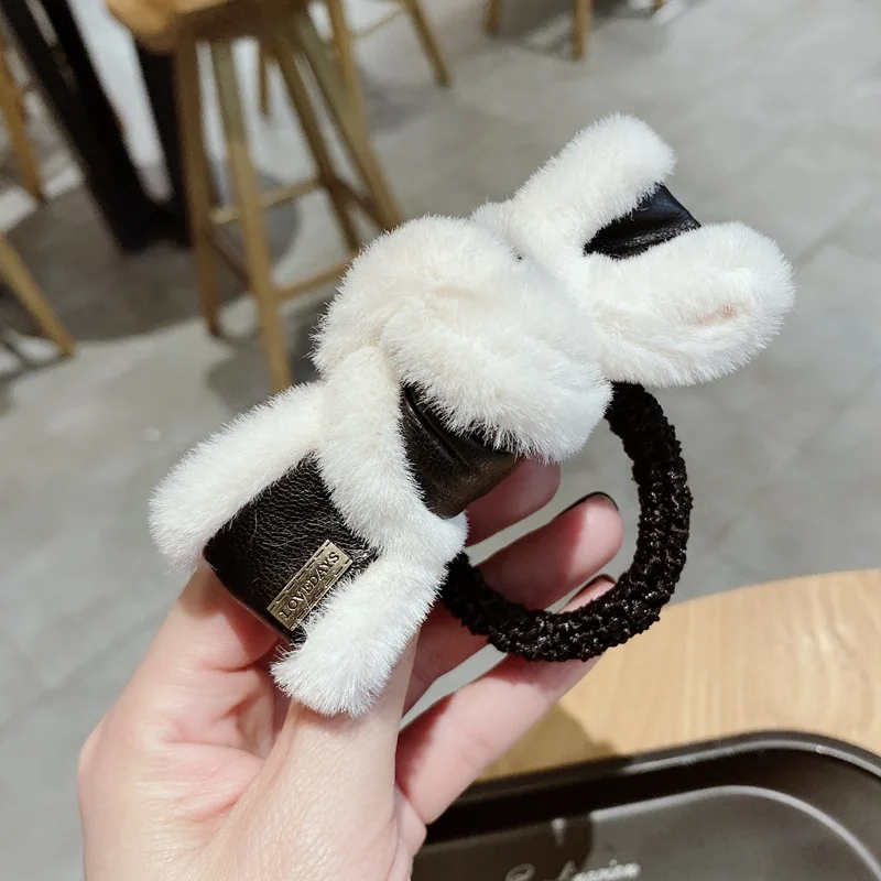 Женские роскошные меховые аксессуары для волос с пушистым бантом эластичная