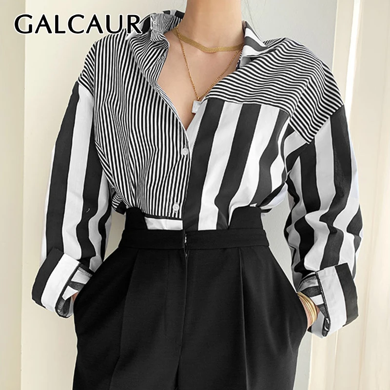 

GALCAUR Patchwork Striped Casual Shirts For Women Lapel Long Sleeve Hit Color Single Breasted Blouses Female Fashion New Clothes