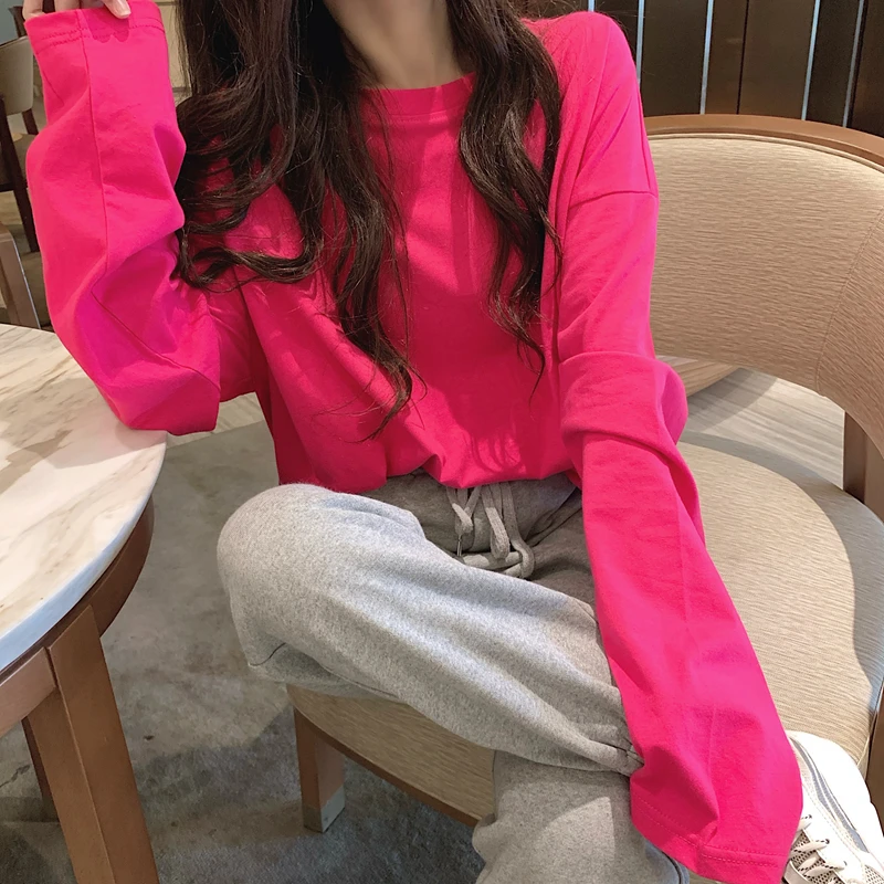 

XZ1664, Женская свободная универсальная Однотонная футболка средней длины большого размера с длинным рукавом, 2021