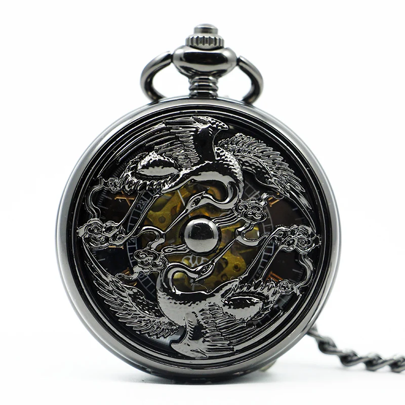 Изысканный винтажный китайский дракон феникс кулон черные карманные часы
