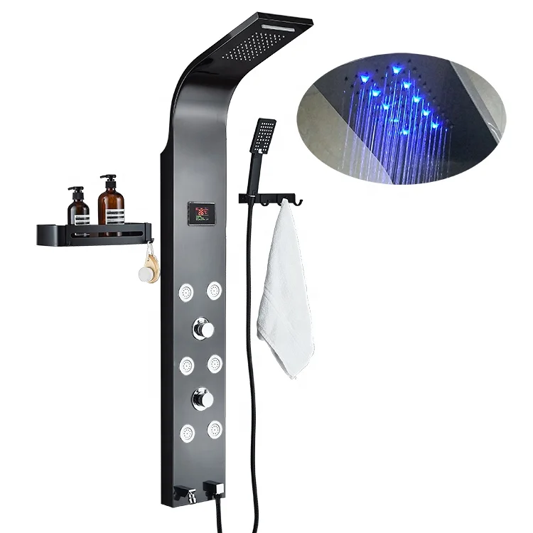 

Hot Sale 304 stainless steel temperature display LED rainfall shower heads massage thermostatic smart shower panels