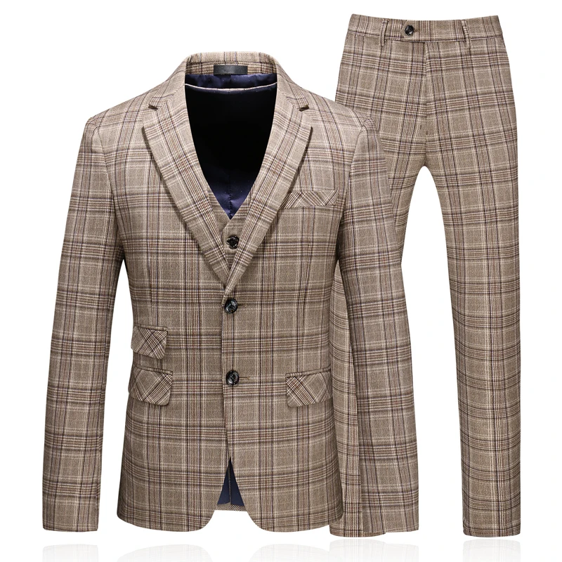 

Classic Suit Men 3 Piece Set Slim Design Business Banquet Mens Suit Jacket + Pant + Vest Autumn Winter Fashion Men Plaid Suits