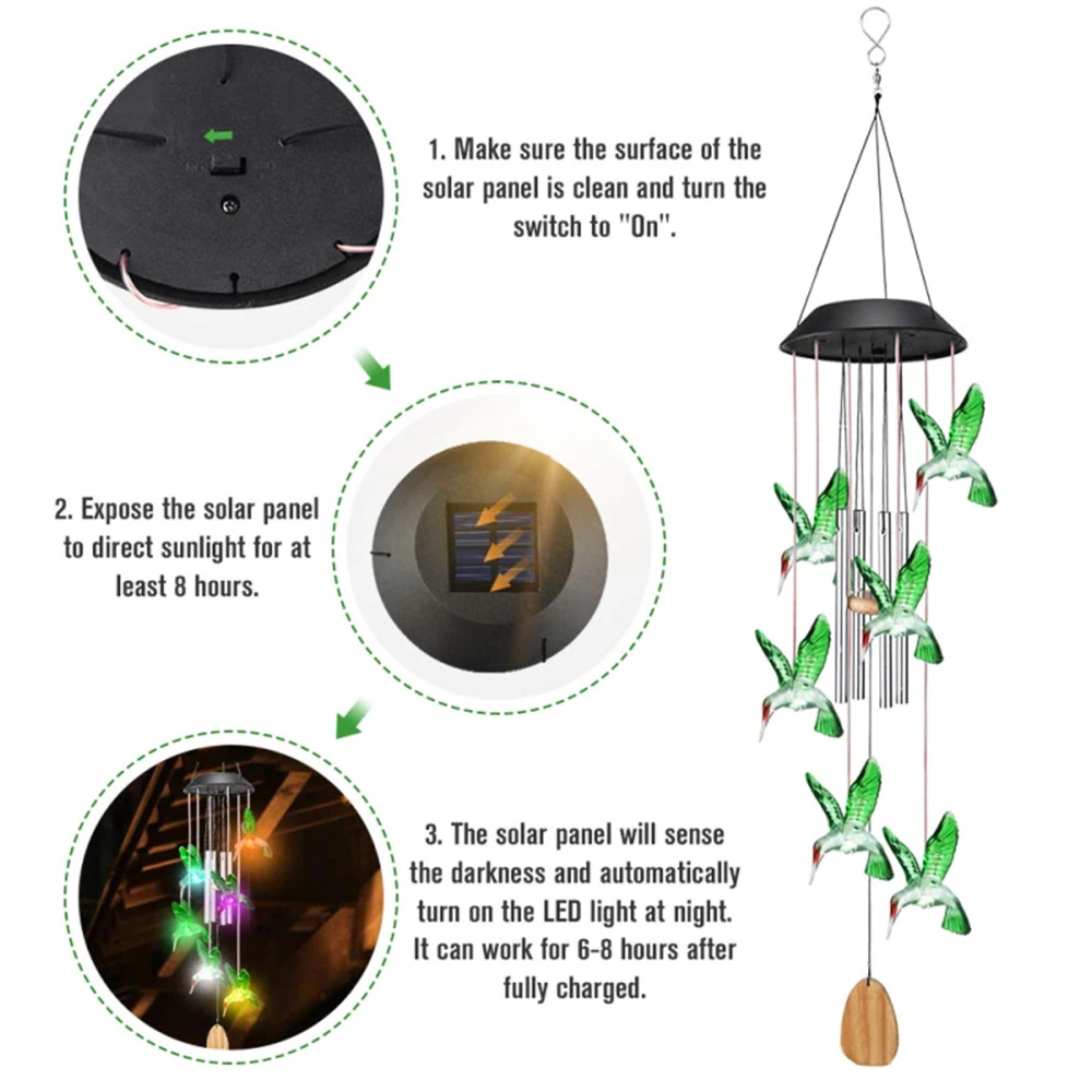 

Color Changing Solar Hummingbird Wind Chimes Ornaments 12*12*16cm Summer Bird Design Green Waterproof Home Decoration Bells