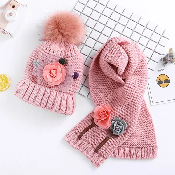 Weak pink Зимние вязаные комплекты с меховыми помпонами для детей 3-8 лет, бархатные шерстяные вязаные меховые шапки для девочек, зимний комплект из 2 предметов, шарф и шапка для маленьких девочек, HT19046 - Цвет: Weak pink
