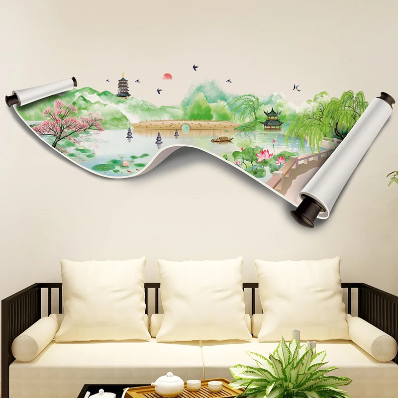 

Chinese Landscape Painting Wall Sticker Living Room Wall Decoration Art Mural Self-adhesive Teen Room Decor Decals for Furniture