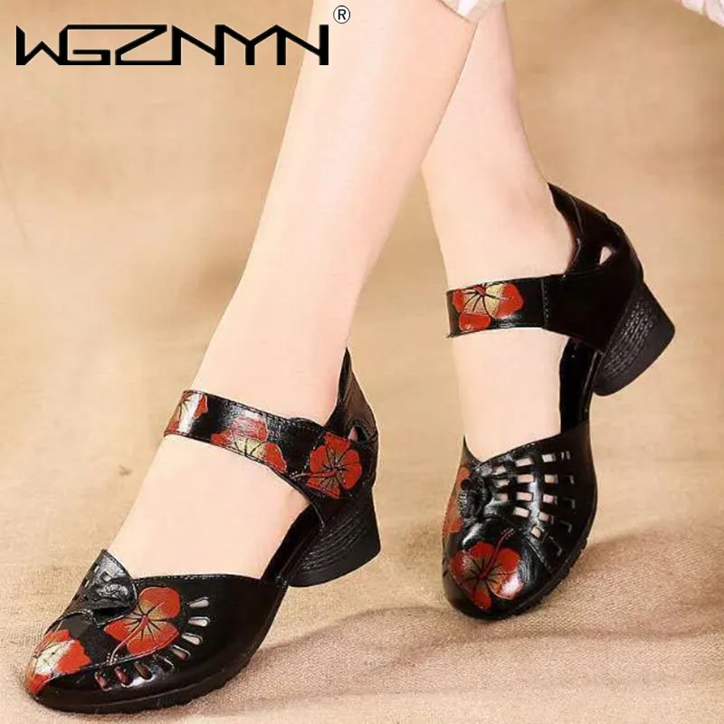 

2021 New Summer Handmade Genuine PU Leather Platform Shoes Breathable Peep Toe Retro Print Flower Casual Heels Women Sandals