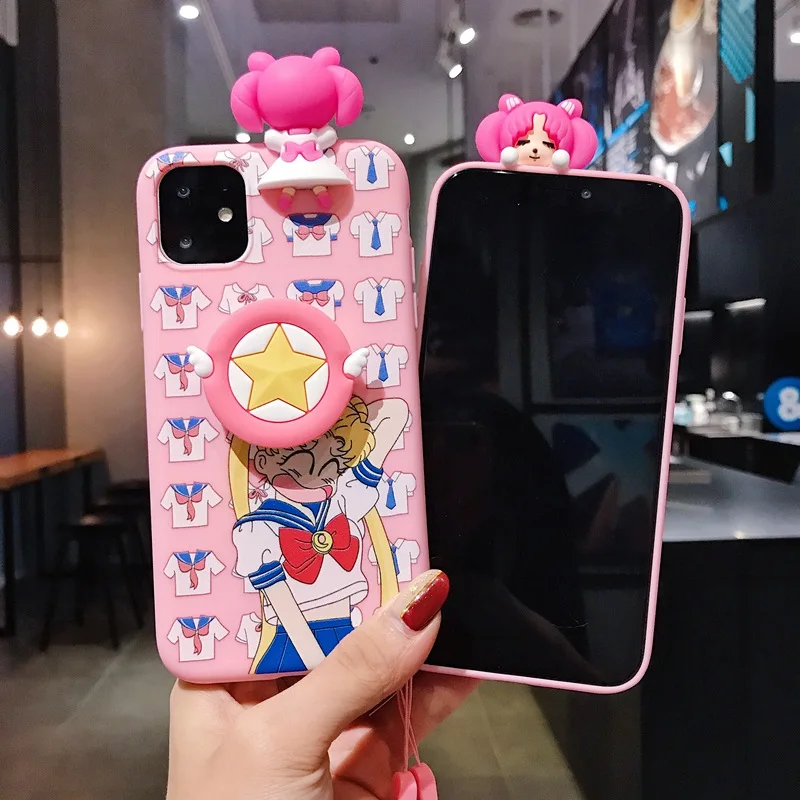 Милый мультяшный Сейлор Мун розовый чехол для телефона для iPhone 11 Pro X 8 7 6s Plus XS Max XR мягкий 3D кукольные игрушки стенд ремешок задняя крышка