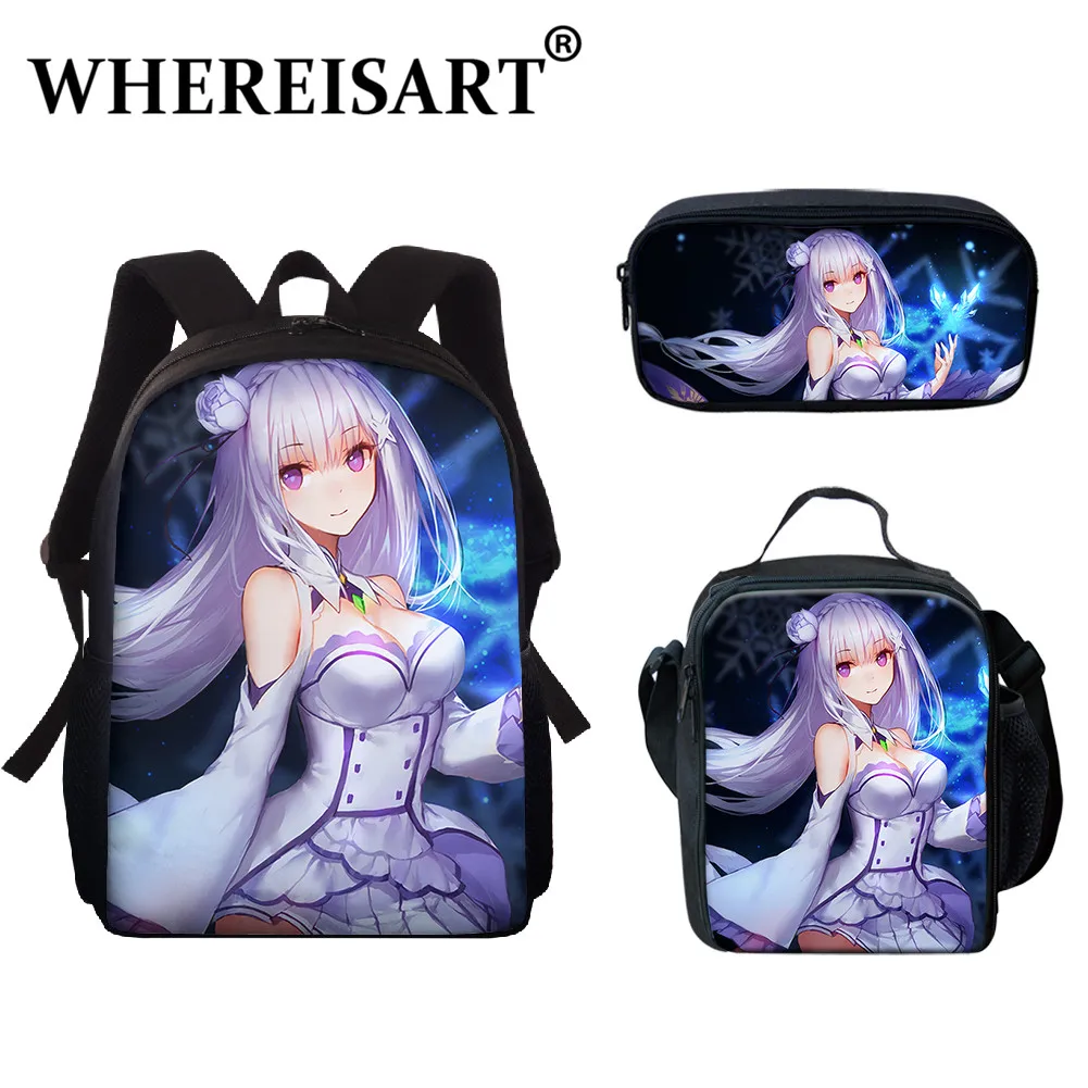 

WHEREISART Anime ReZERO -Starting Life in Another World Unisex 3pcs/Set Backpack Lunch Pencil Packet Emilia Pattern School Bags