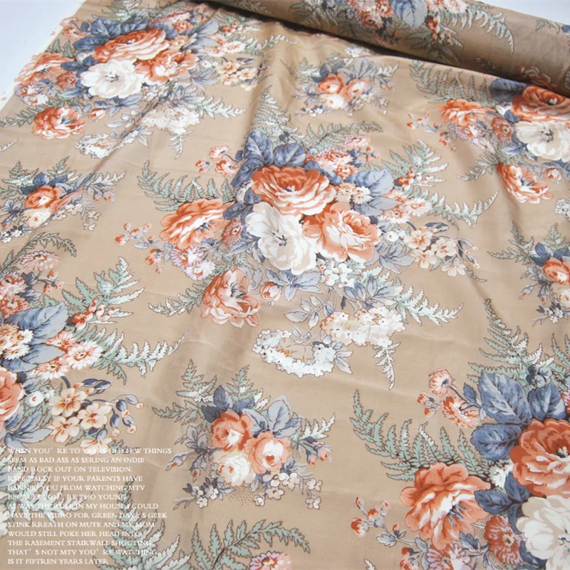 

Silk Cotton Fabric Dress Beige Bottom Flower Large Wide clothing Cloth DIY Sewing Patchwork