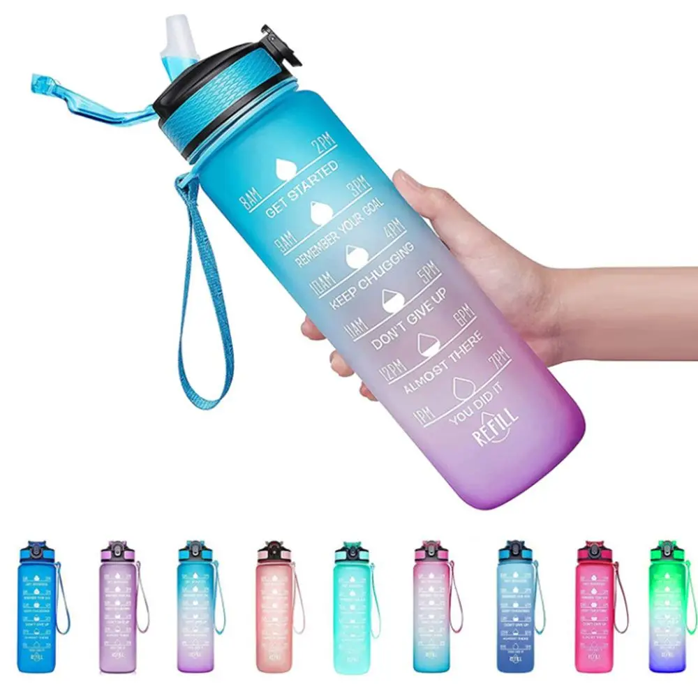 

1000ml Adult Student Plastic Fitness Large Capacity Outdoor Sports Travel Camping Kettle Straw Cup Water Bottle Gradient