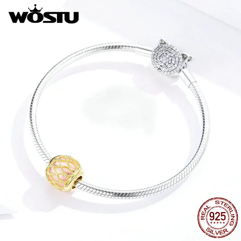 WOSTU, настоящее 925 пробы, серебряный, лэмпворк, круглые бусины, ажурные амулеты, золотой кулон, подходит для оригинального браслета, изготовления ювелирных изделий CQC1315