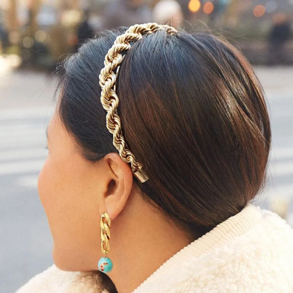 

Minimalist Gold Color Twist Link Chain Hairbands for Women Metal Thick Chunky Punk Hair Styling Accessories Party Headband Gifts