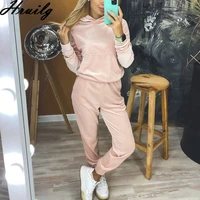 solid color long sleeve women 2 piece set hooded sweatshirt long pants pockets casual two piece set running fitness lounge set