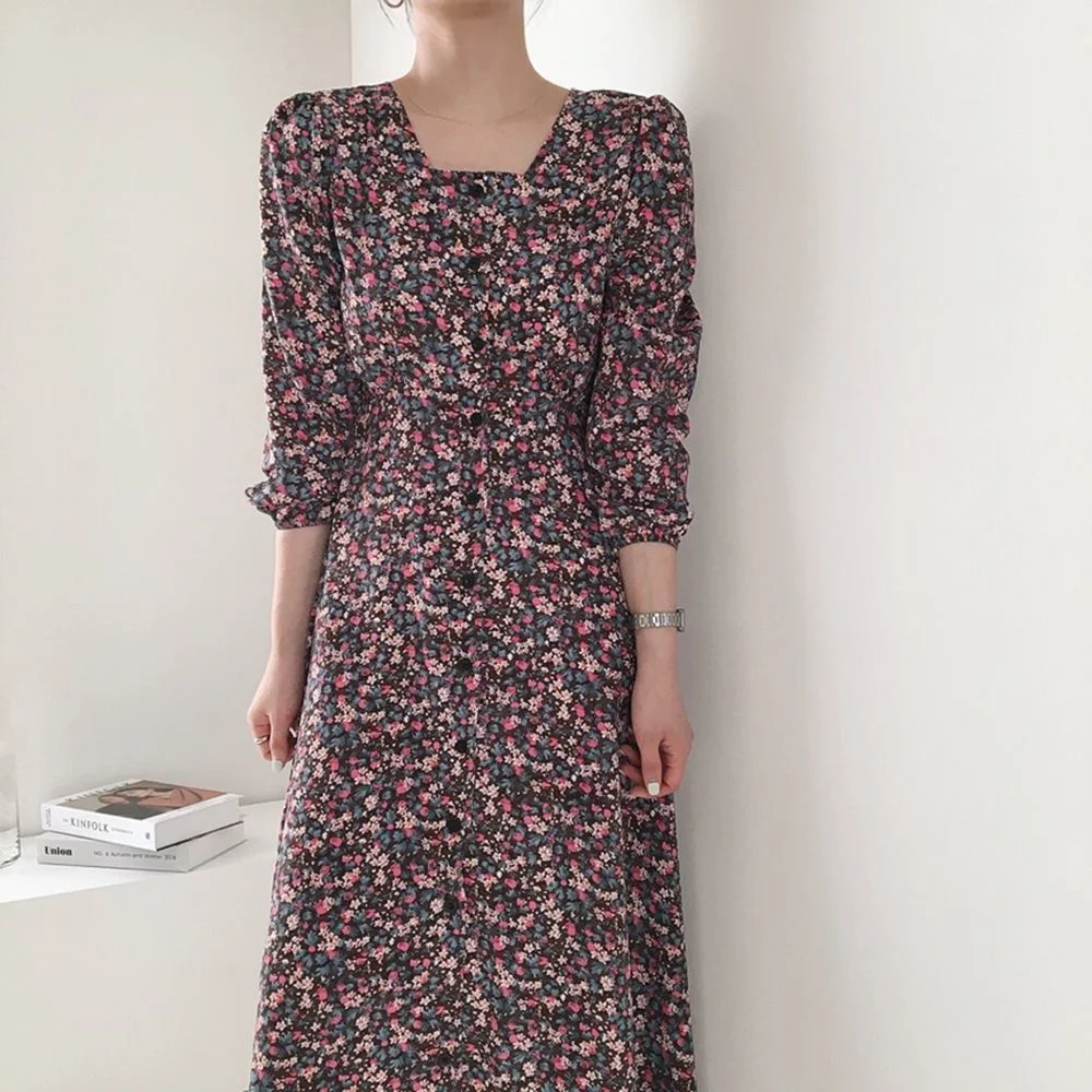 

HziriP 2021 Printing Square Collar Florals Long Dress Elegant OL Autumn All Match Summer Women Fashion Femme Vestidos Robe