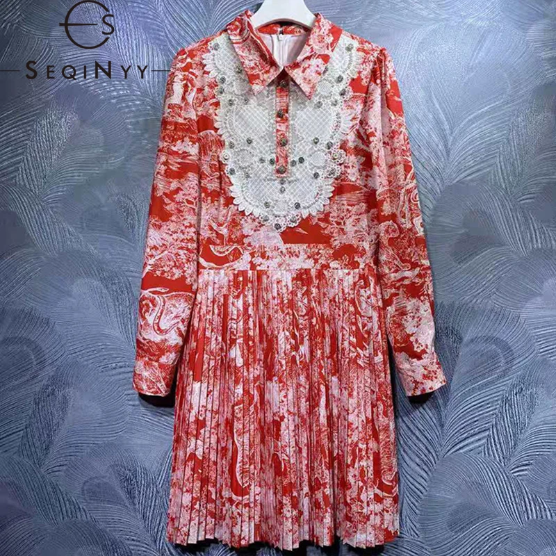 

SEQINYY Mini Shirt Dress Early Autumn Spring New Fashion Design Women Runway White Lace Beading Crystal Red Vintage Animal Print