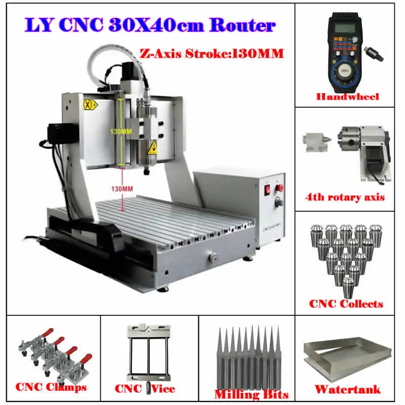 

LY CNC 3040 Гравировальный фрезерный станок 2200 Вт 4-осевой металлический маршрутизатор Стандартный токарный станок с резервуаром для воды ход Z 130 мм USB порт