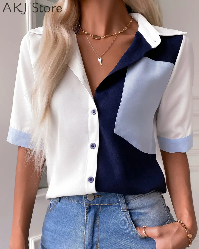 

Women Long Sleeve Turn-Down Collar Blouse Colorblock Pocket Single-Breasted Design Casual Shirt
