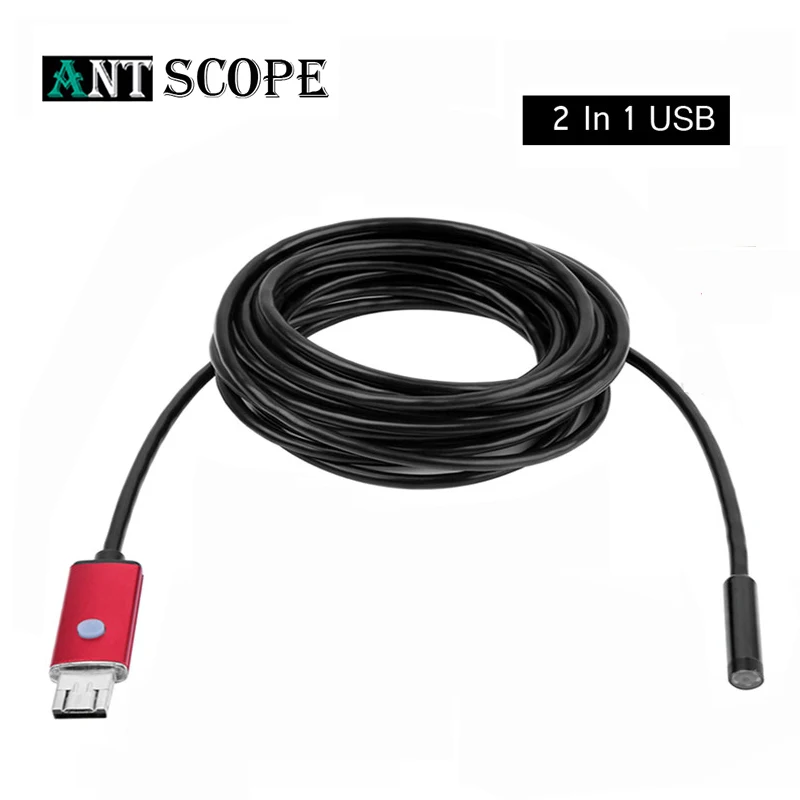 Antscope 7 мм объектив 2 в 1 взаимный обмен данными между компьютером и периферийными устройствами Android эндоскоп 2/5/10M 720P с гибким световодом для съемки с 6 Светодиодная трубка телефона проверка ПК Камера эндоскоп 30