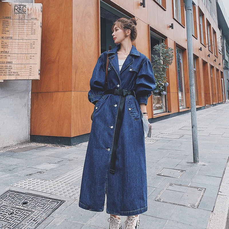 

Women's Denim Trench Coat Blue Lapel Long Style2021Spring Autumn New Korean Fashion Single-Breasted Loose Wear A belt Jacket NZ8