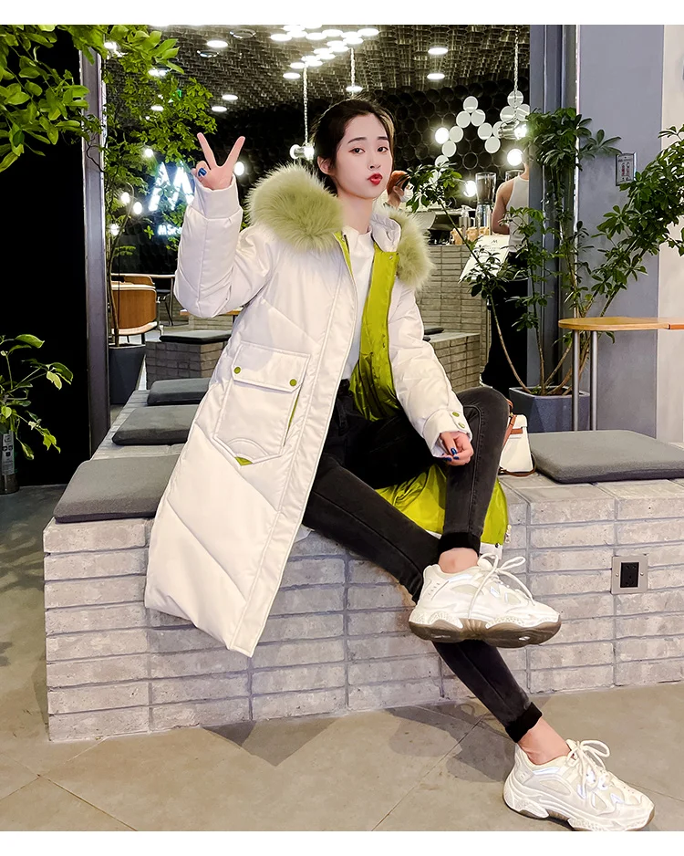 

Женский пуховик контрастных цветов с большим меховым воротником, Женская Корейская утепленная куртка средней длины, стеганая куртка