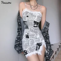 yiallen fashion print letter lace up camisole mini dress summer new women high street casual slim skinny female dresses hot