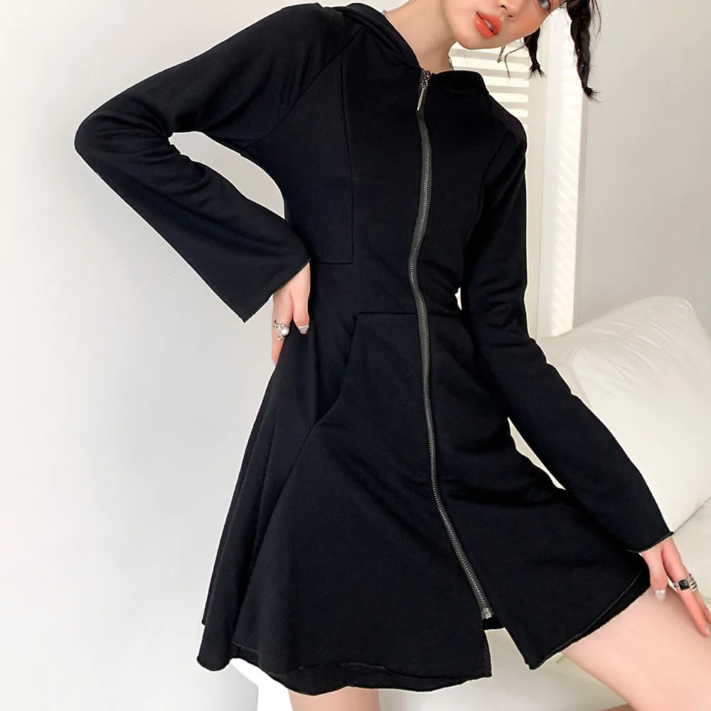 

Black Dress 2021 Autumn New High Waist Long Sleeve Zipper Solid Color Fashion Simplicity Design High Street Women