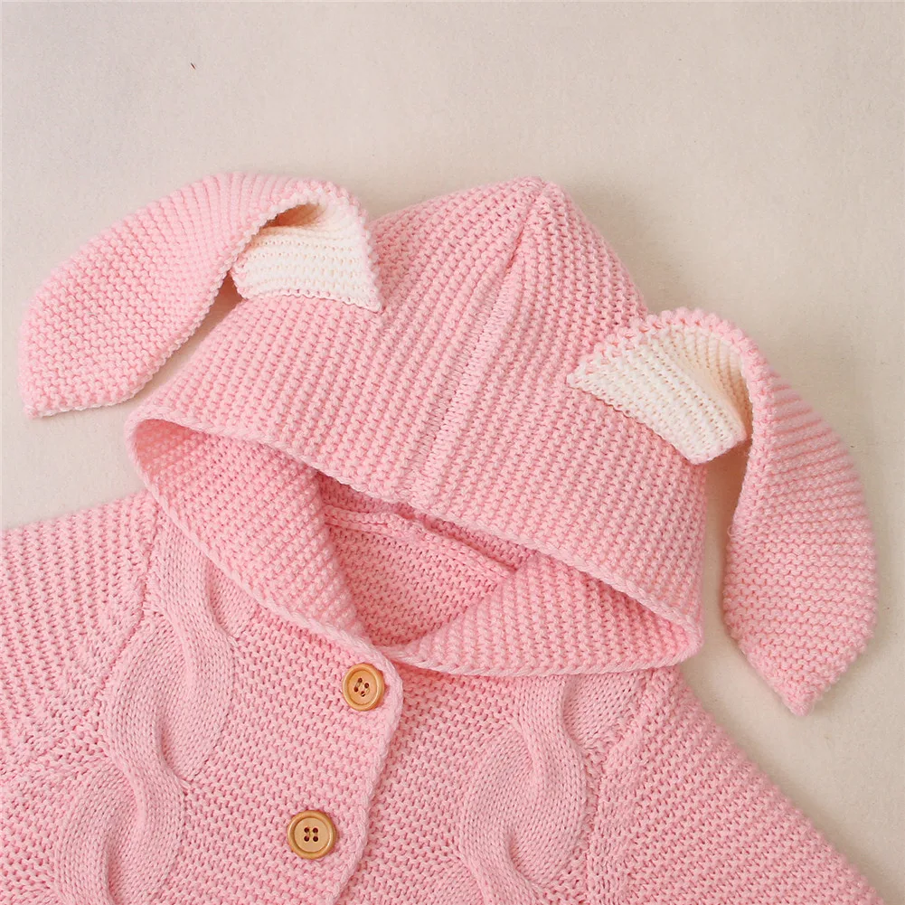 0-24M Autumn Winter Infant Kids Girls Boys Rompers Knit Solid Long Sleeve 3D Ears Hooded Jumpsuits Clothes