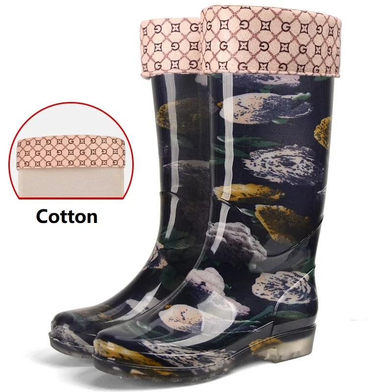yellow flower cotton Aleafalling/ г. Новые женские непромокаемые сапоги низкая водонепроницаемая обувь из ПВХ зимние Нескользящие теплые резиновые ботинки 36-41 - Цвет: yellow flower cotton