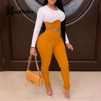 solid navel casual brief 2 piece set women full sleeve round neck slim pencil two piece outfits woman