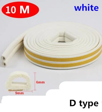 White D Seal Strip 10 м/рулон самоклеящаяся дверная уплотнительная полоса резиновая Погодная полоса ветрозащитная Звукоизоляционная оконная уплотнительная лента аксессуары для оборудования - Цвет: White D Seal Strip