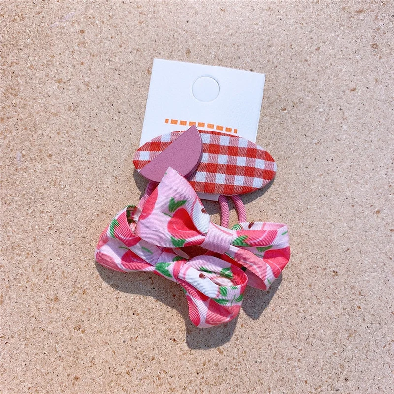 

3 Pcs Sweet Girl Simple Cute Fruit Three-dimensional Bow Rubber Band Hair Rope Fashion Children's Fabric BB Clip Headdress