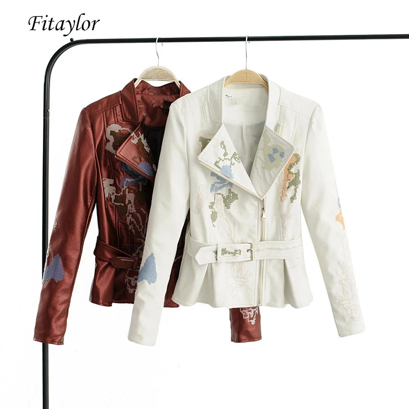 Fitaylor новинка 2019 весна осень искусственная кожа куртка для женщин вышивка тонкая