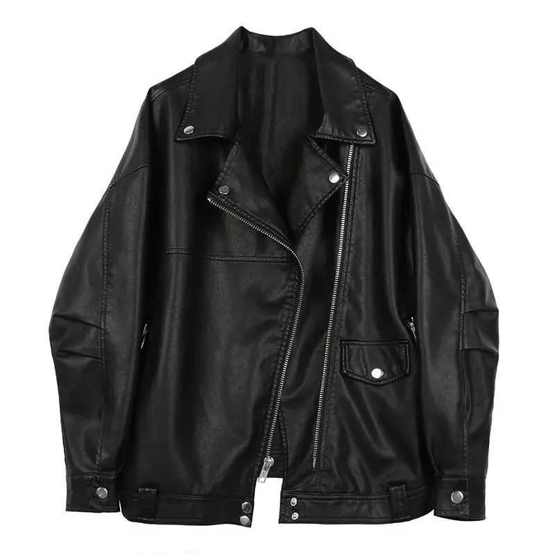 

Nic Women PU Motorcycle Jackets Ladies Solid Loose Casual Zipper Biker Faux Leather Female Casual Outwear Tops Coat