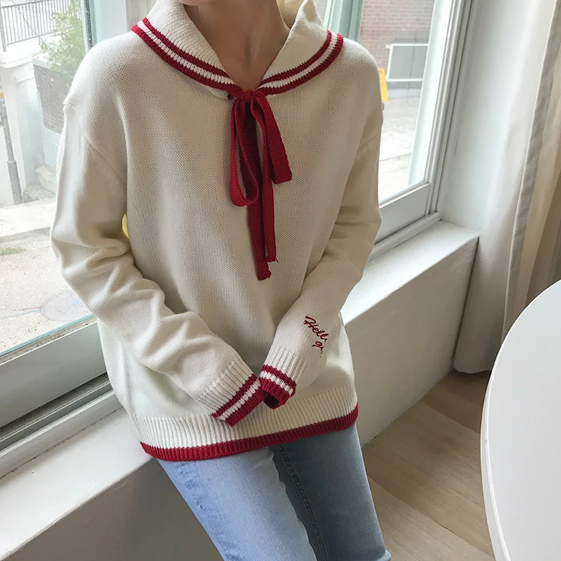

Winter New Pullover Woman Cute Sweaters Women Fall Japan Style Kawaii Sailor Collar Jumper Indie Lace-Up Long Sleeve Sweater