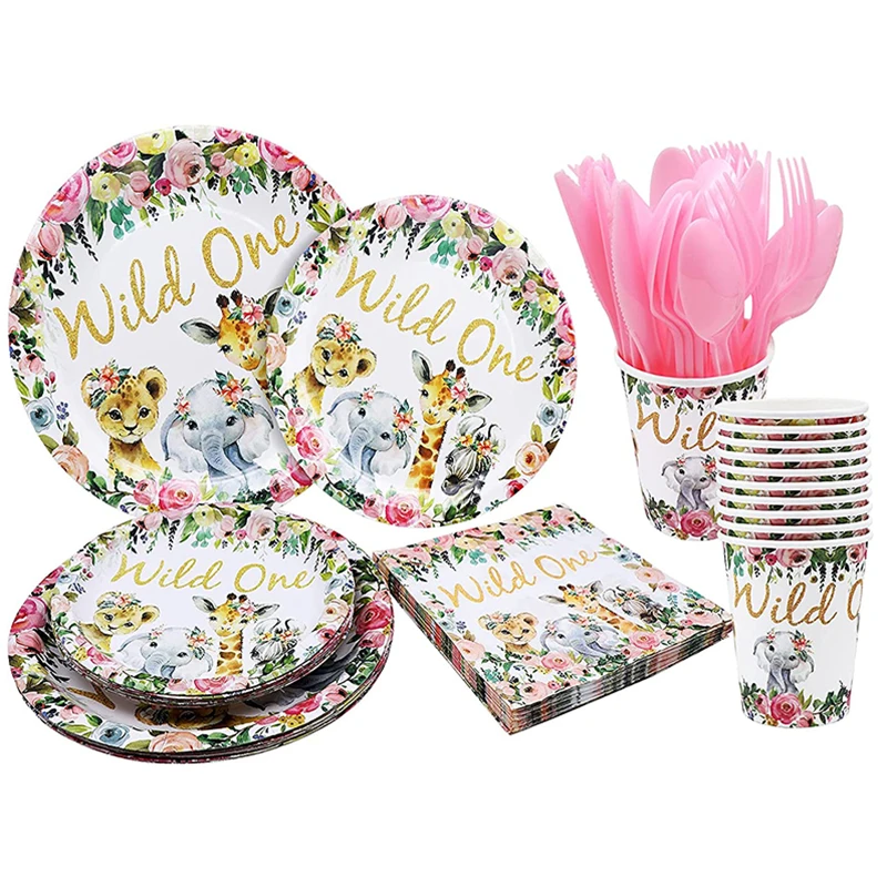

Pink Wild One Birthday Party Supplies Jungle Safari Animal Disposable Tableware Set Paper Plate Cup Tablecloth Baby Shower Decor