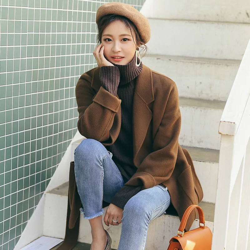 Winter Korean Women Wool 100% Coat Robe Style High Street Large 2 Pockets Double Faced Handmade Short Design with Belt | Женская одежда