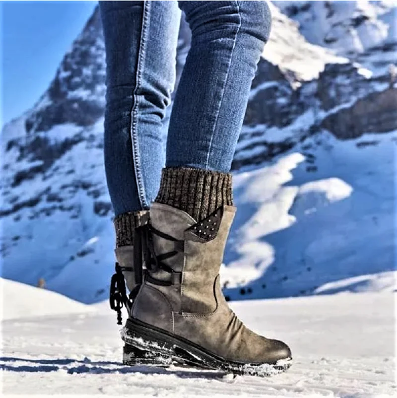 Lowest Price with Best Quality and Free Gift - Women Boots winter autumn girls Flat Heel Boot Fashion Knitting Patchwork shoes