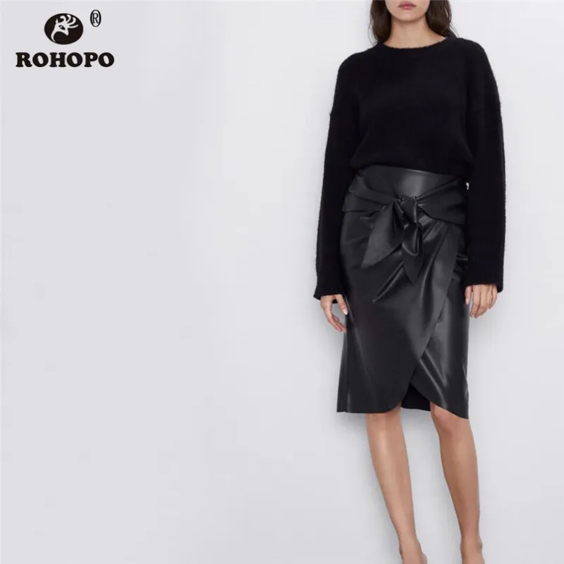 ROHOPO искусственная кожа вырез черный до колена юбка пояс бабочка Высокая Талия