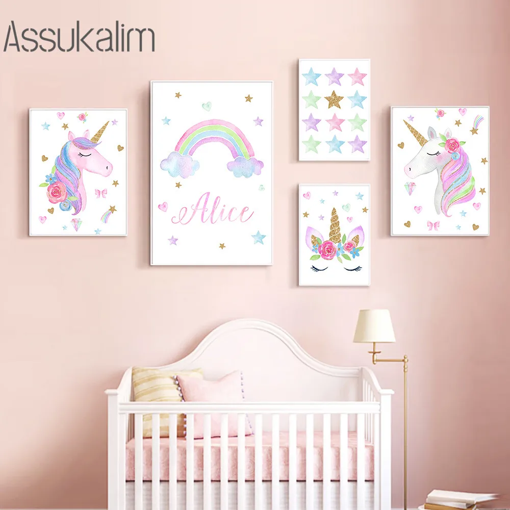 

Unicorn Canvas Painting Custom Name Art Print Rainbow Star Poster Nursery Wall Art Posters Nordic Wall Pictures Girl Room Decor