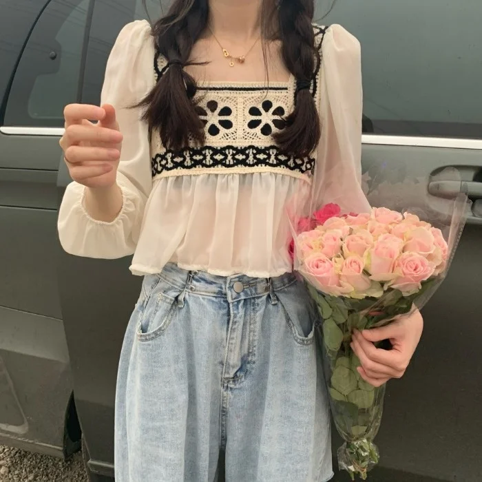 

French Design Chiffon Shirt Summer Niche Thin Long Sleeve Sunscreen Shirt Women's Bubble Sleeve Short Top Fashion