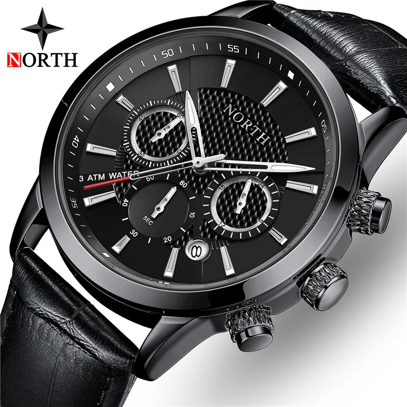 

NORTH Watch Mens Watches Top Brand Luxury Men Casual Leather Waterproof Chronograph Men Sport Quartz Clock Relogio Masculino