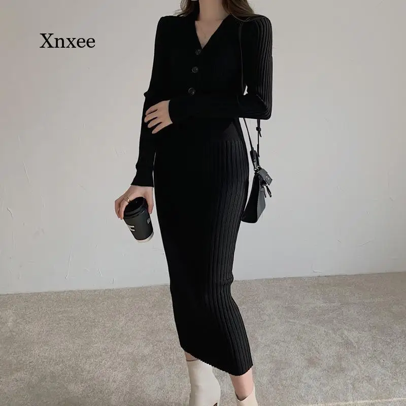 

Sweater Knitted Dress Ladies Winter Leisure Button V-Neck Slim Long-Sleeved Knitted Hip Sweater Dress