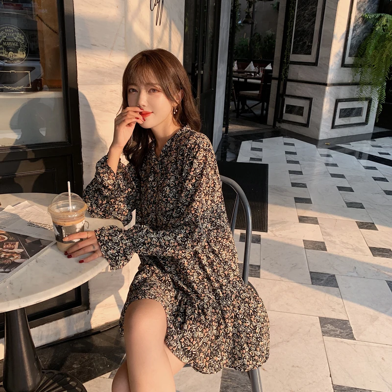 

2021 Spring/autumn V-neck Tie Black Dresses Women Floral Korean Dress Loose Casual Long Sleeve Dress Elegant Party Dress