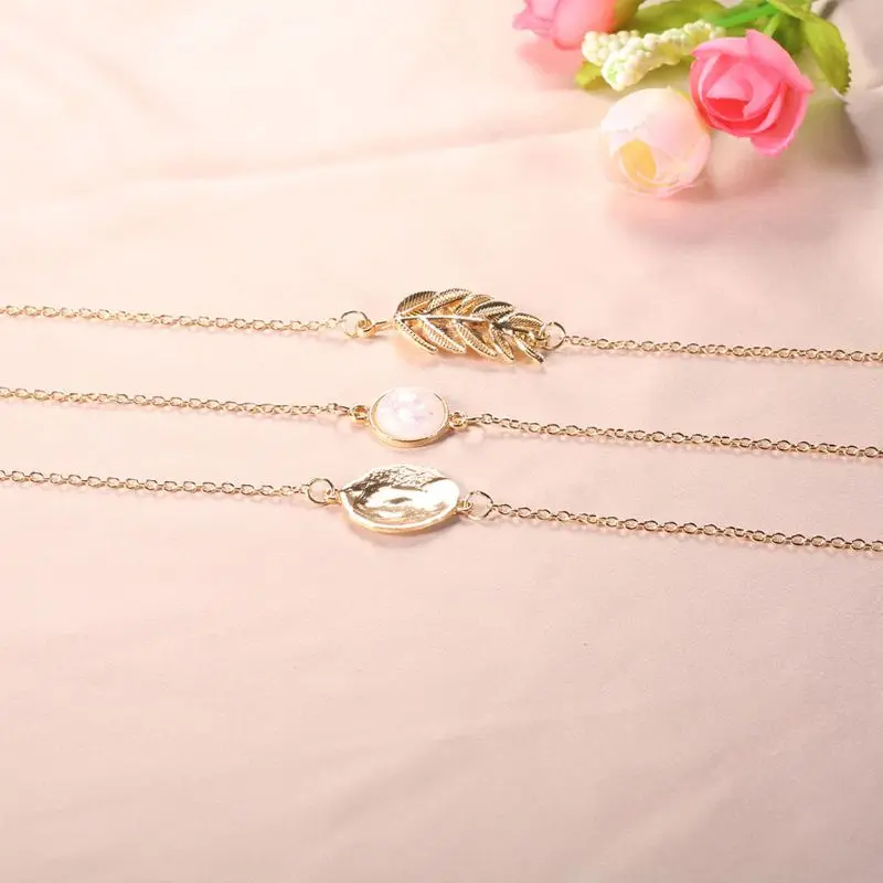 3 шт. винтажная Золотая цепочка имитация опала камень листья круглые диски Шарм