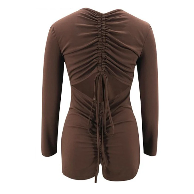 

Backless Folds Drawstring Bandage Women Romper Long Sleeve Deep V Neck Slim Solid Female Playsuit 2020 Autumn Sexy Lady Clothes