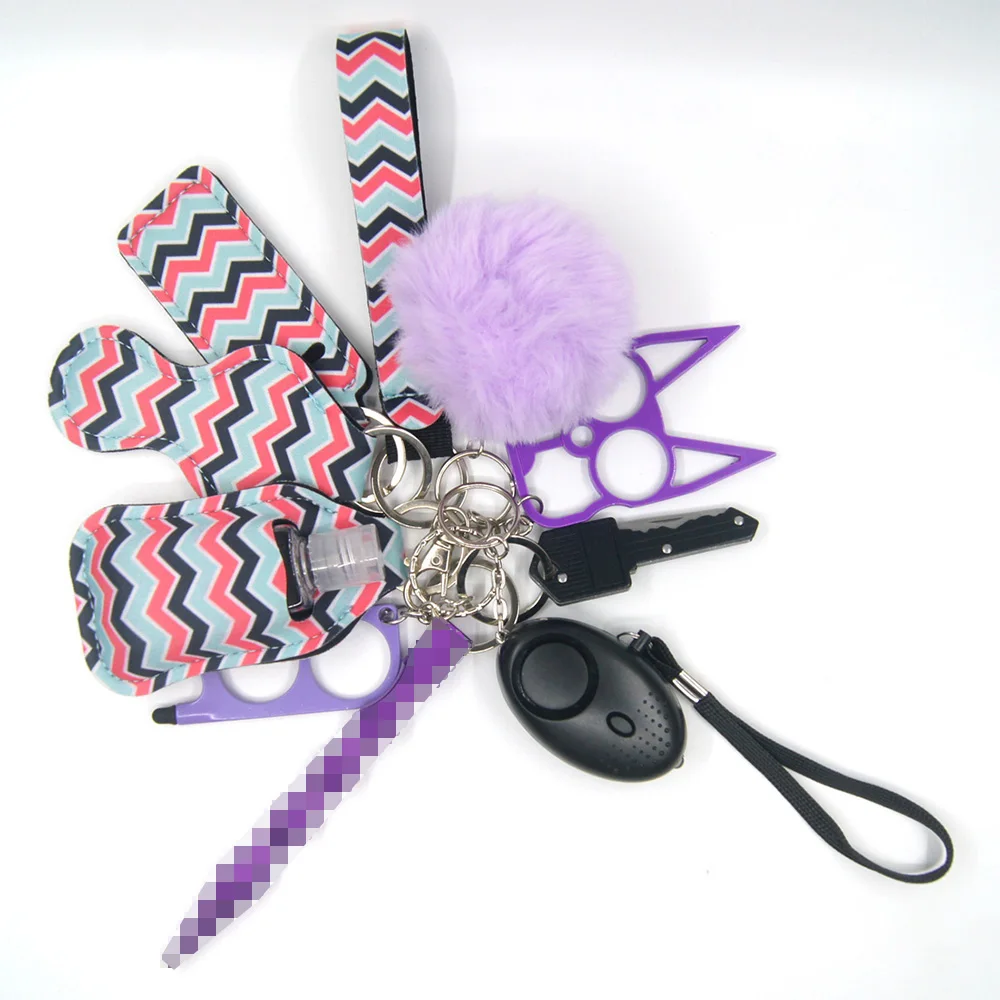 

Custom Logo Personal Safety Survival Key Chains Set Defensive Alarm Pepper Spray Window Breaker Girl Self Defense Keychain