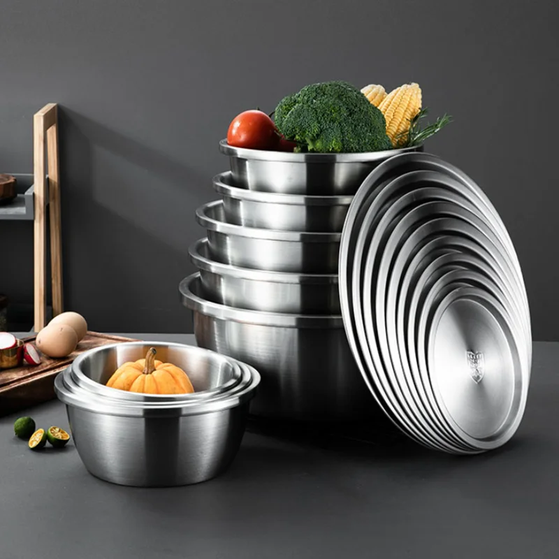 

304 Stainless Steel Salad Bowls with Lid Tableware Household Thicken Soup Ramen Bowsl Basin Plates for Food Kitchen Utensils