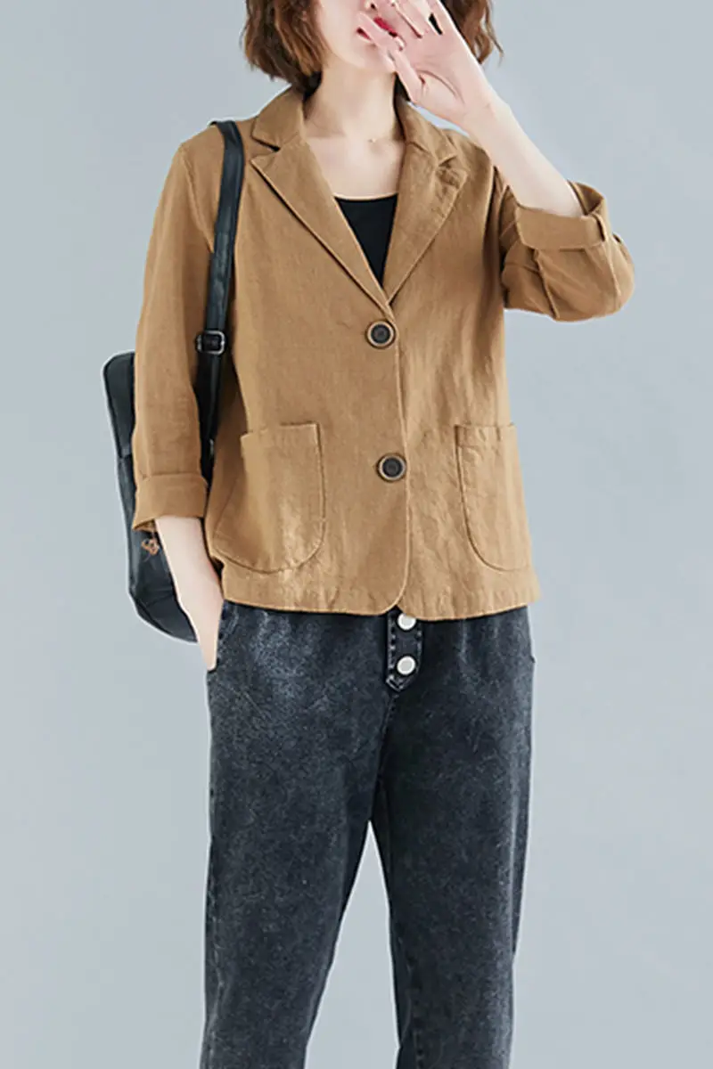 Пиджак женский короткий из хлопка и льна повседневный блейзер с воротником