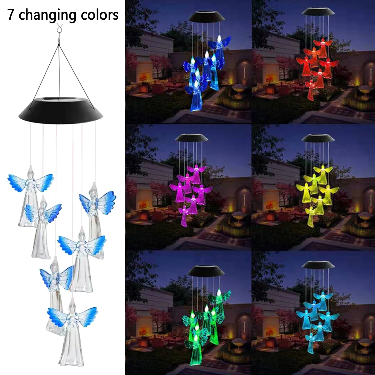 

Royalulu 7-Color Changing Solar Wind Chime Light Angel-Shape Automatic Sensor Waterproof Wind Bell Hanging LampNight Light